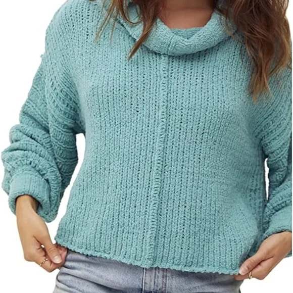 Free People Be‎ Yours Pullover Emerald Aura Cropped Cowl Neck Sweater Oversized - Picture 4 of 4